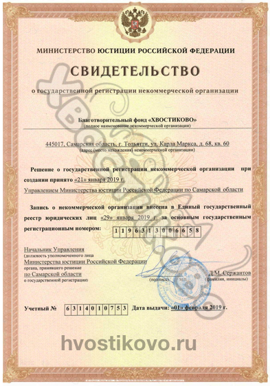 Свидетельство о государственной регистрации в Министерстве Юстиции РФ